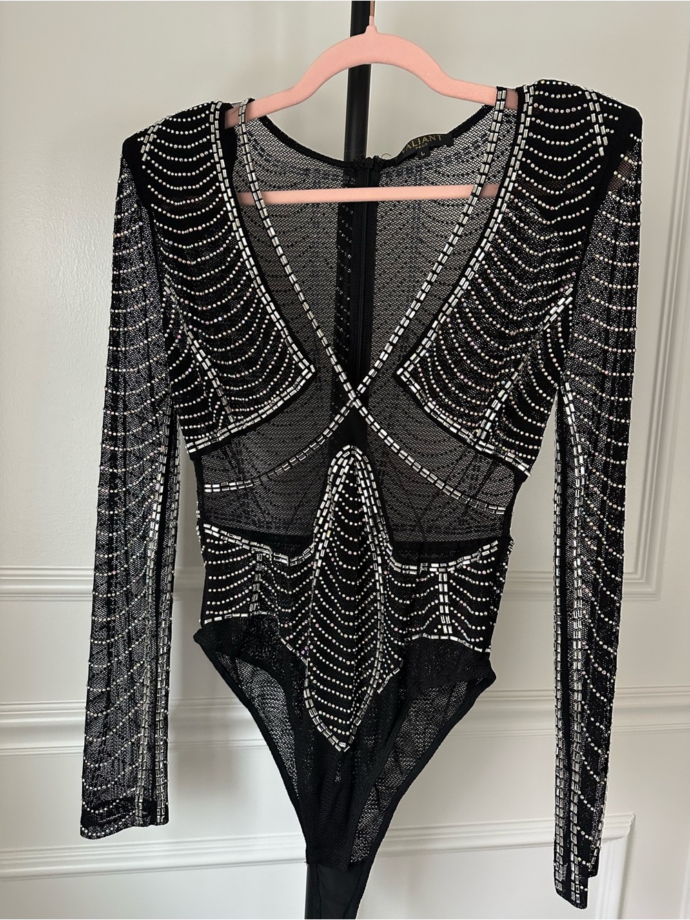 New - Valliant Paris Black Mesh Long-Sleeve Bodysuit Size L